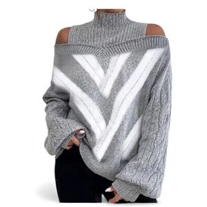 Oversized Cable Knit Sweater Sexy Boho Chic Grey/ White Off Shoulder Size 4X